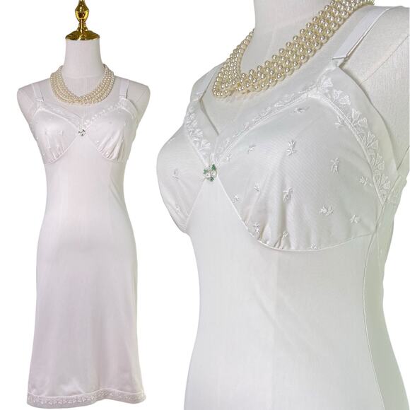 Vintage 50s White Nylon Tulip Chiffon Lace Bust Full Slip Dress Women’s Size S - Picture 1 of 14